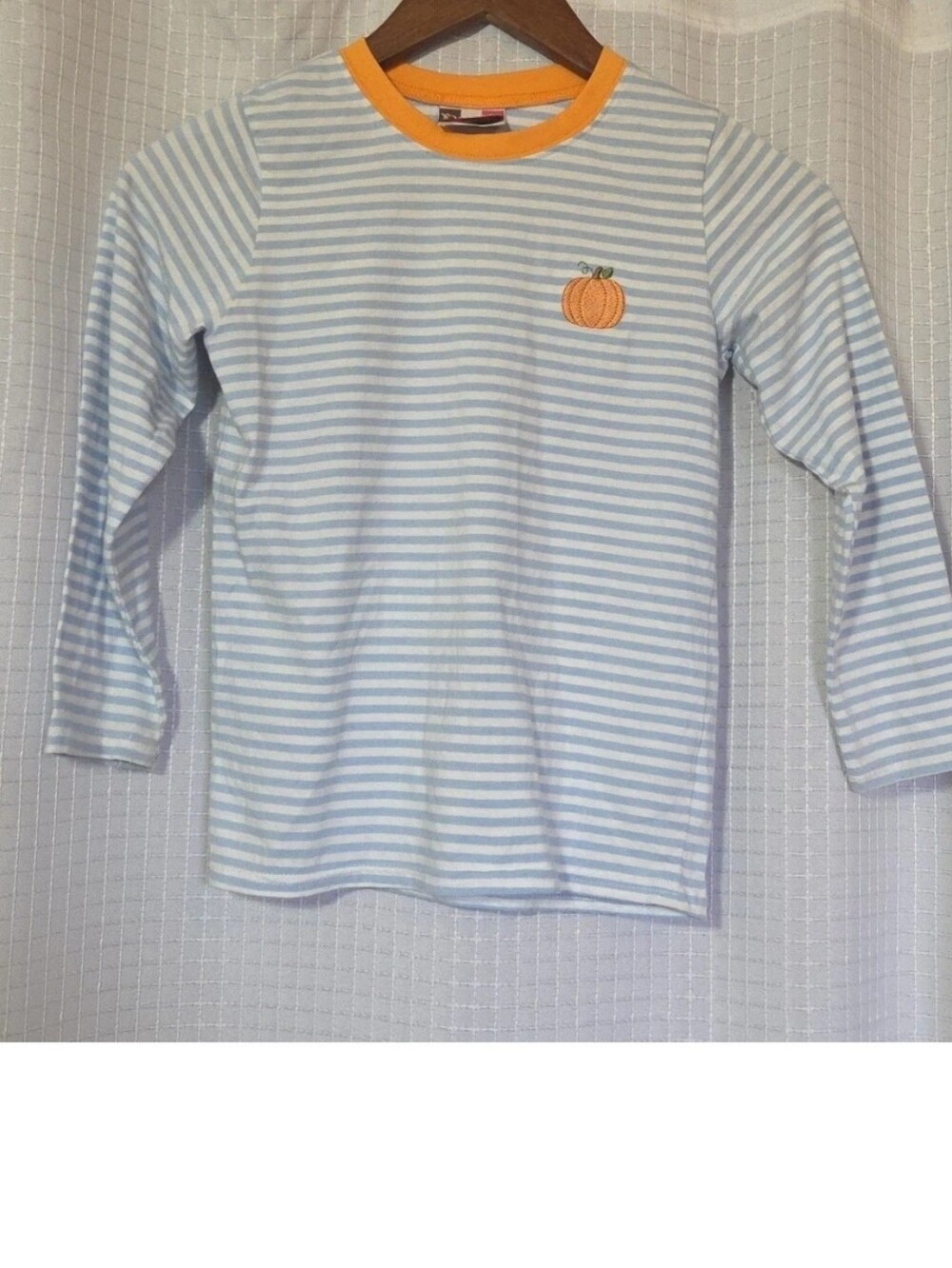 BANANA SPLIT Boutique Boys Size 8 Striped Shirt Blue & White With Pumpkin Fall